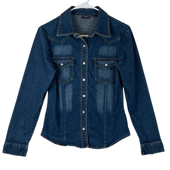 Periscope PS 3983 Women’s Western Style Stretch Denim Shirt w/ Pearl Snaps Sz Lg - Picture 1 of 9